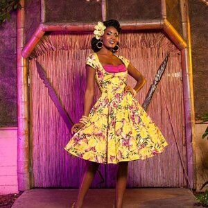 EUC Pinup Girl Clothing Baton Rouge Alfreda Dress Green Orchids Dapper Day XL